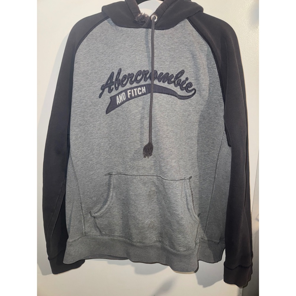 Vtg Y2K Abercrombie and Fitch Mens Raglan Hoodie Grey Black Spell Out L FLAW